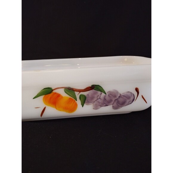 Vintage Fire King GAY FAD 8" Milk Glass Loaf Pan Fruit Peach & Grapes Bakeware - Picture 4 of 7